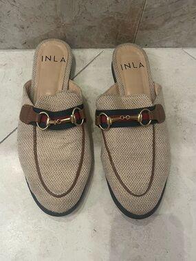 Furla Beige Woven Mule Loafers with Gold Horsebit & Black-Brown Trim